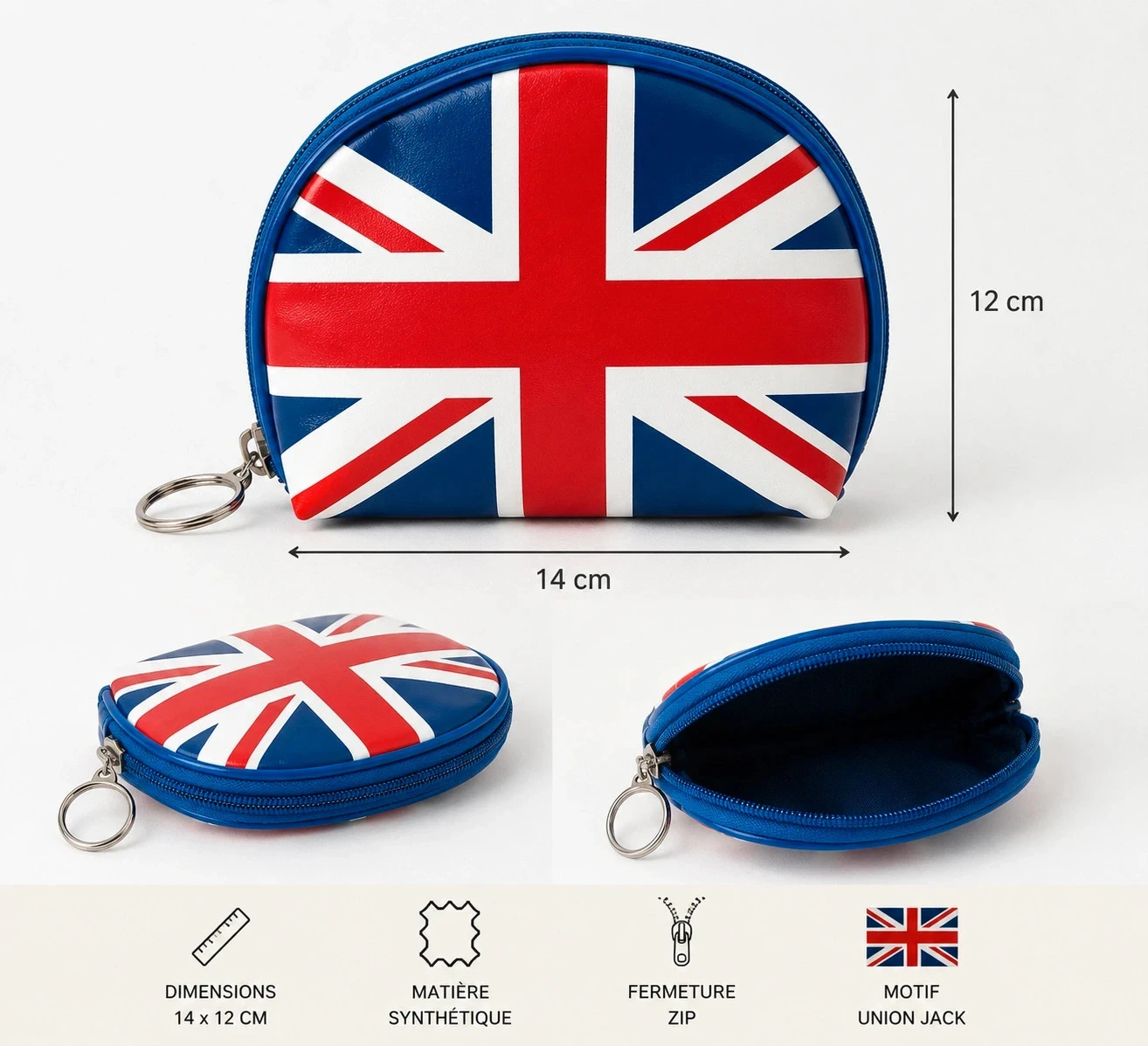 Porte-monnaie / trousse drapeau Union Jack Bleu, rouge et blanc – 14 × 12 cm